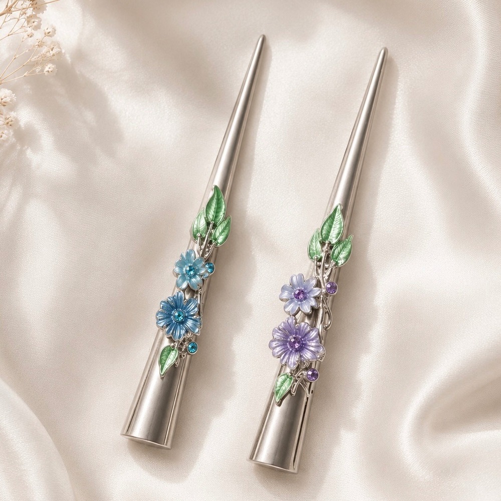 2 PC Set Floral Enamel‎ Alligator Hair Clips Rhinestone Blue Purple Silver Tone